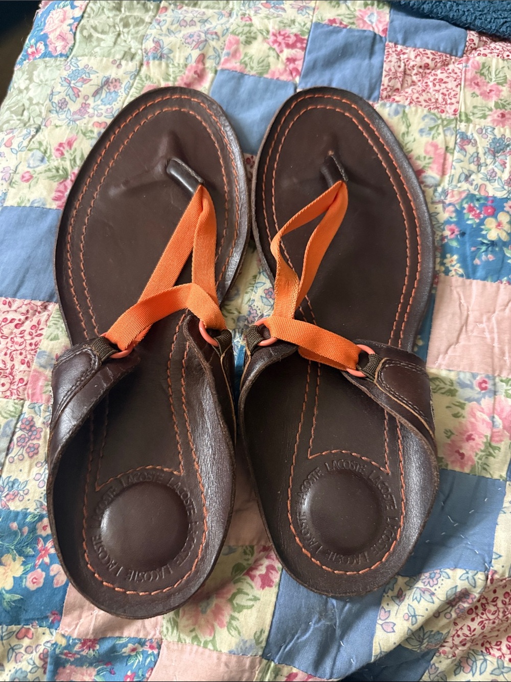 Lacoste Brown Leather Sandals with Orange Straps